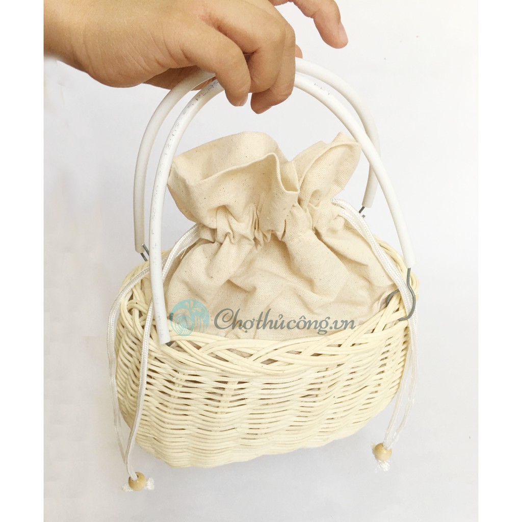 Túi Đan Mây Tre tự nhiên -Giỏ mây Size M C13xM15xĐ17cm lót vải canvas phối quai simili/nhựa chắc chắn