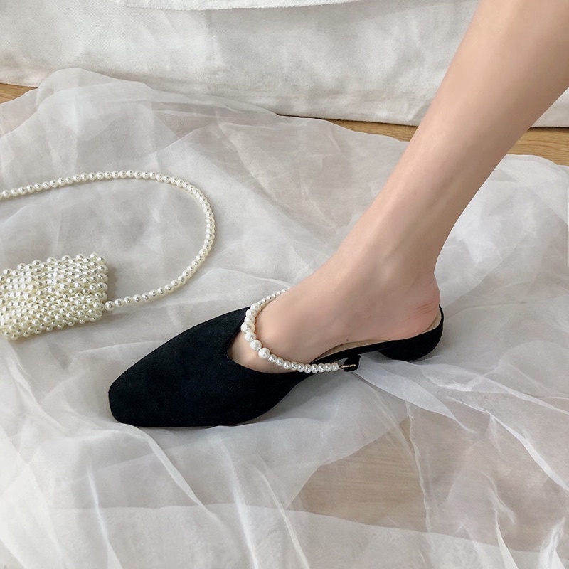 Sandal búp bê da lộn quai ngọc trắng sang trọng đế êm cao 2-3 phân