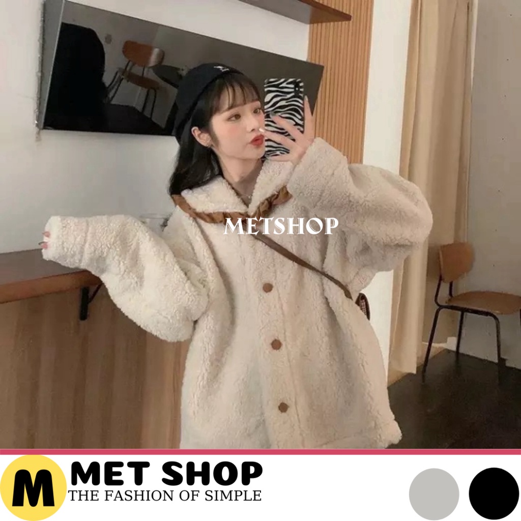 Áo Lông Cừu Cổ Sen Phối Viền, áo Khoác lông mùa đông cổ bẻ 1 hàng cúc mềm mịn ấm áp ao lông gấu uni hàn quốc, AMELIASHOP