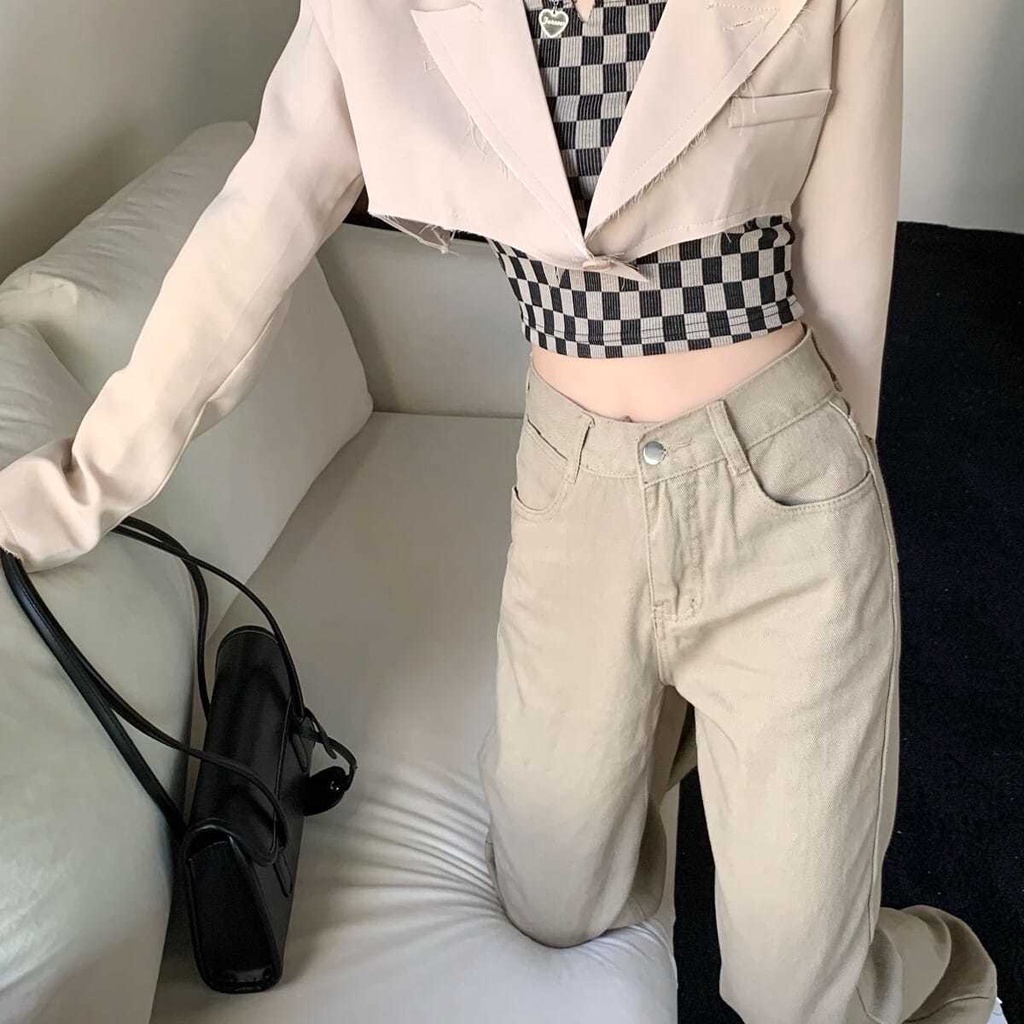 Quần jean dài SUXI ống rộng lưng cao màu sắc đơn giản thời trang Hàn Quốc cho nữ