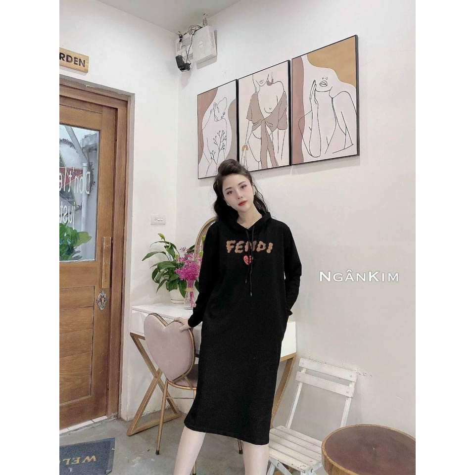 đầm suông dài tay nữ có mũ in chữ fenddy nhiều màu xinh xắn | BigBuy360 - bigbuy360.vn