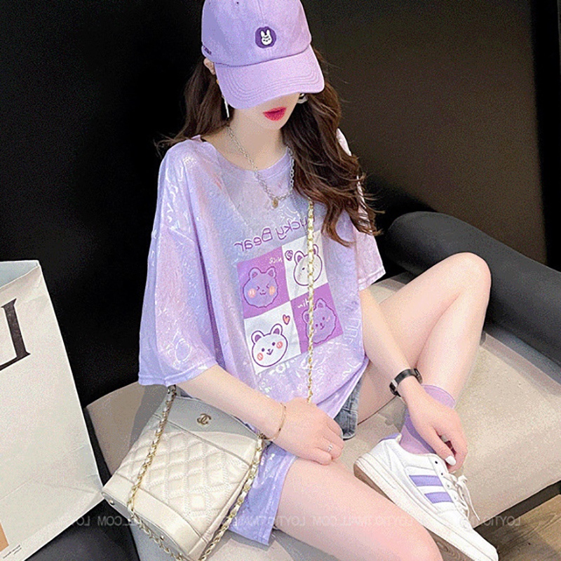 Áo Thun Lụa Lạnh Mỏng Dáng Rộng Tay Ngắn Thời Trang Mùa Hè Mới Cho Nữ