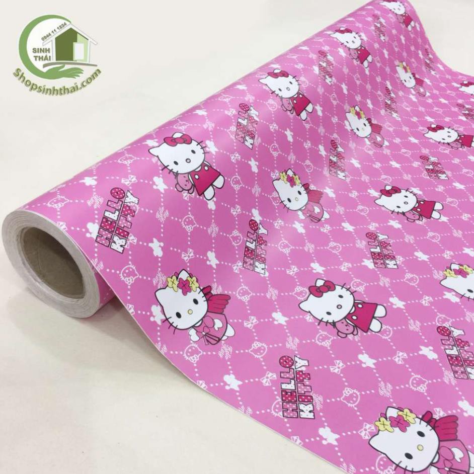 Giấy dán tường hello kitty màu hồng cánh sen, khổ 90cm có sẵn keo