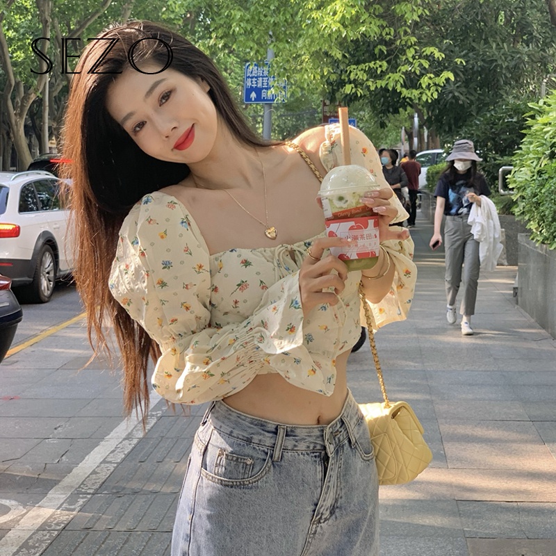 QKOOLE  Áo kiểu tay dài cổ vuông in họa tiết hoa phong cách Hàn Quốc thời trang cho nữ