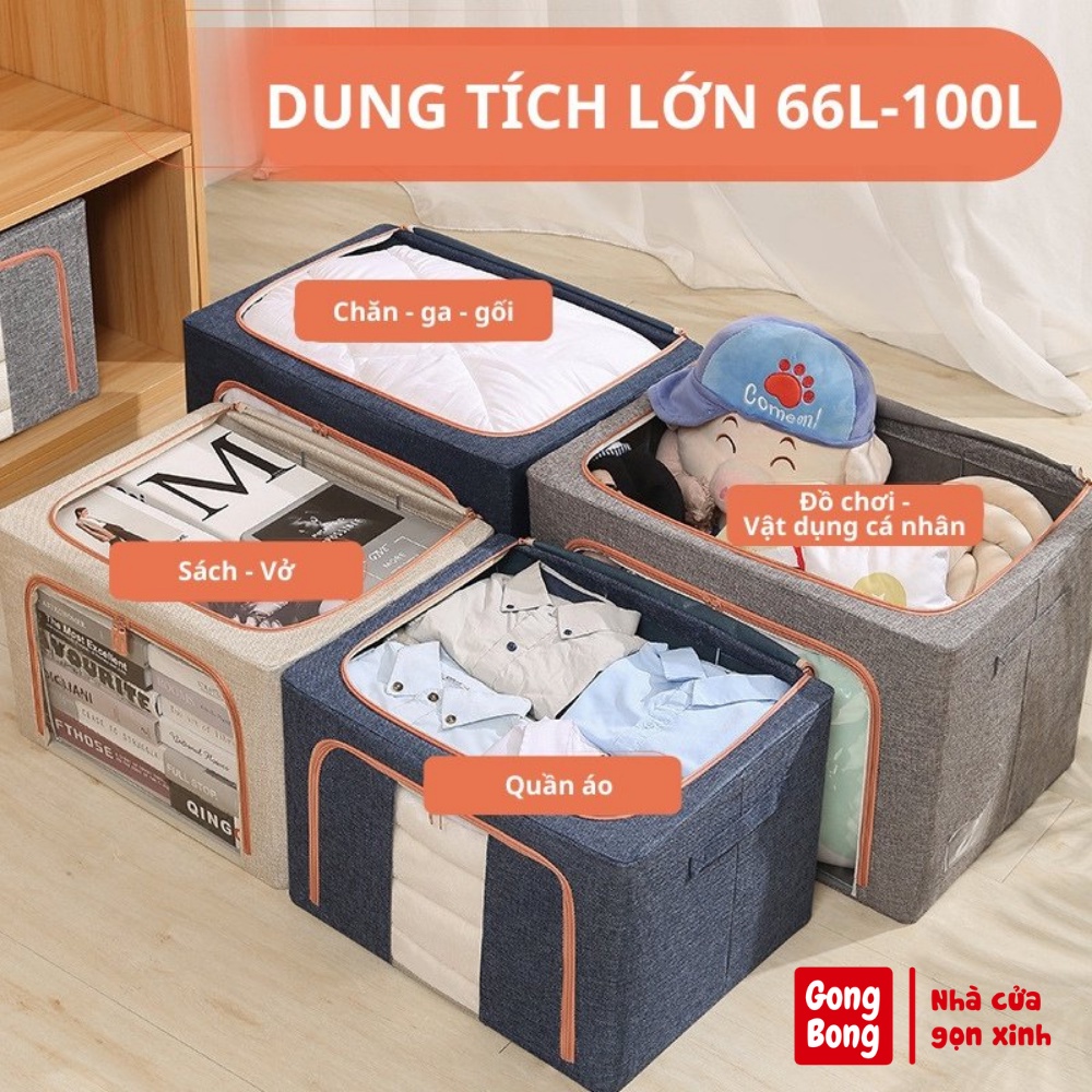Túi hộp đựng đồ quần áo có khung thép cứng cáp chất liệu vải lanh cao cấp cỡ lớn 66-100l cất đồ gọn tủ