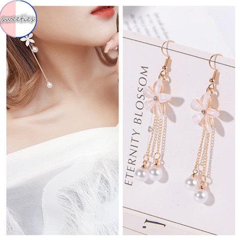 Khuyên tai chuỗi đính hoa và ngọc trai nhân tạo tua rua