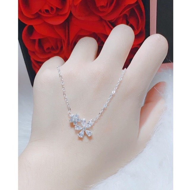 Dây chuyền bạc nữ DaLiA Jewelry vòng cổ 2 bông hoa dễ thương dây chuyền xích đá đẹp không gỉ bạc thật 925