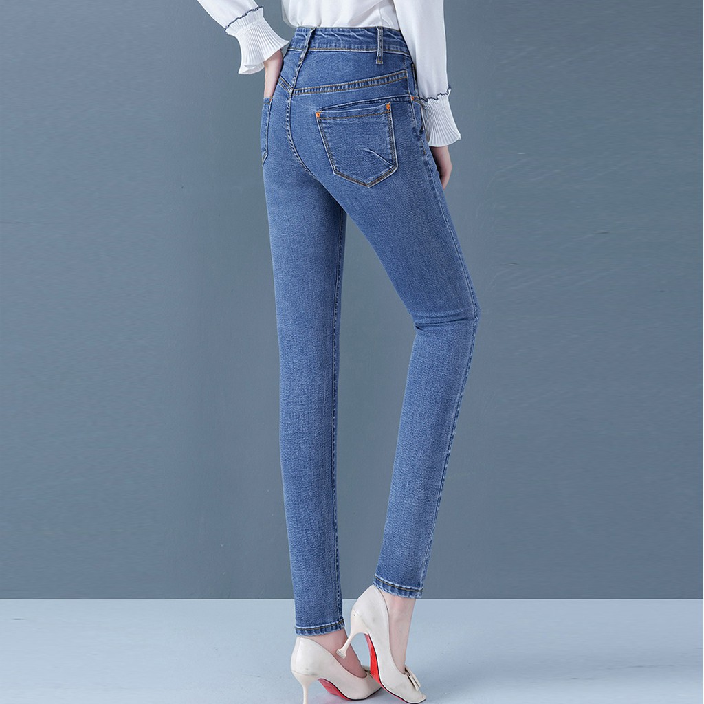 [ có size ] Quần jeans nữ cạp cao trên rốn siêu co giãn form dáng ôm -Quần bò trơn 2 màu cho nữ