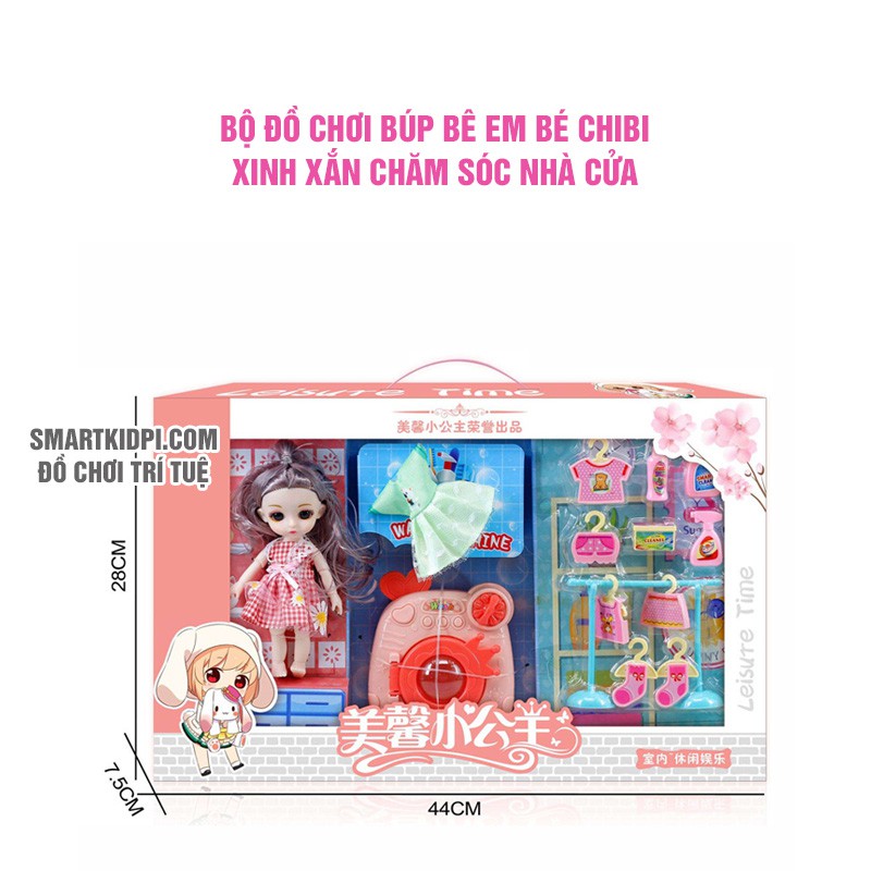 Bộ đồ chơi búp bê em bé Chibi xinh xắn chăm sóc nhà cửa và phụ kiện máy giặt, giá phơi, quần áo đáng yêu