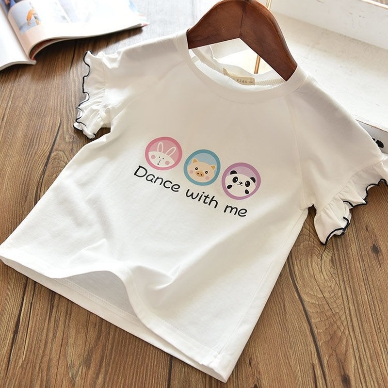 Áo Thun Cotton Tay Ngắn Phối Ren In Họa Tiết Hoạt Hình Thời Trang Mùa Hè Cho Bé Gái