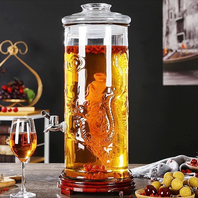 BÌNH THỦY TINH NGÂM RƯỢU 15 LÍT DÁNG TRỤ HOA VĂN RỒNG