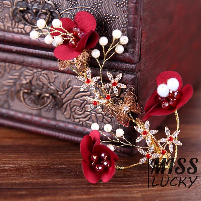 Red Wedding Bride Headdress Hairpin Clip Jewelry Accessories Flowers Ornaments New styles Roses Goddes Style Barrett