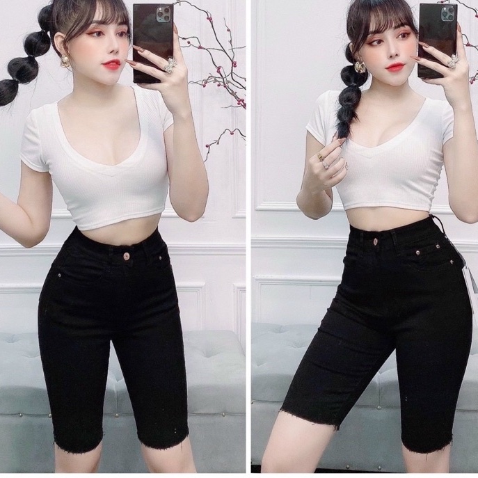Quần Jean Nữ AIORI Ngó Lửng Cạp Cao Trơn Trắng Đen Vải Co Giãn Tốt Jeans Cotton Mềm Mịn, Thời Trang Hàn Quốc