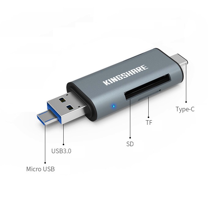 Đầu đọc thẻ nhớ SD Reader/Type C/USB 2.0/Micro USB (Kingshare) - Màu ngẫu nhiên - Bảo Hành 1 Tháng