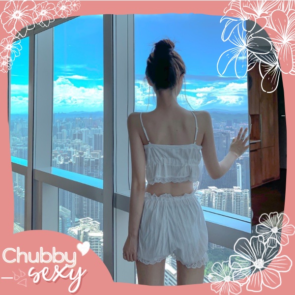 Bộ Đồ Ngủ Sexy Kute -  Bộ Mặc Nhà Gợi Cảm - Set Đồ Ngủ Trắng Vải Thô Đũi- CPL111 - Chubby.Sexy