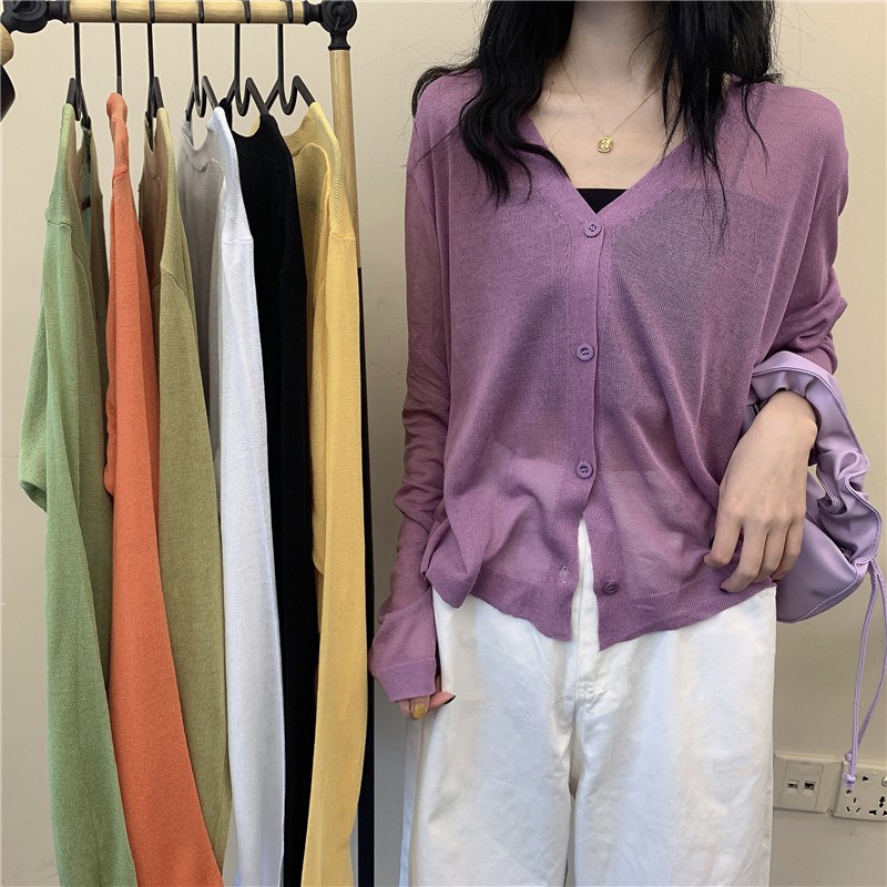 Áo cardigan dáng rộng cổ chữ V thiết kế mỏng bảo vệ chống nắng