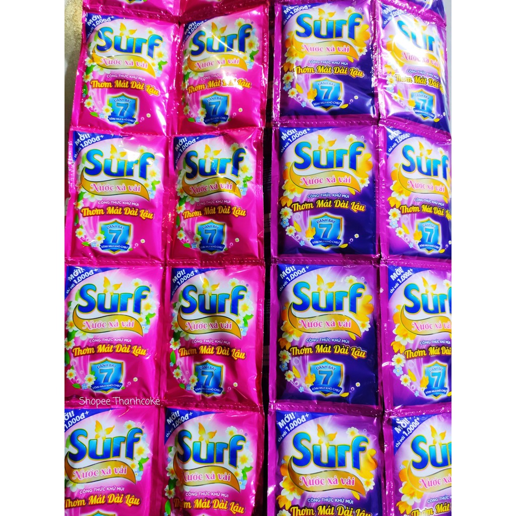 Nước Xả Vải SURF dây 10 gói x 22ml Khử Mùi Hương Hoa Lan Tỏa (Hồng) và Hương Hoa Lôi Cuốn (Tím) 22 ml