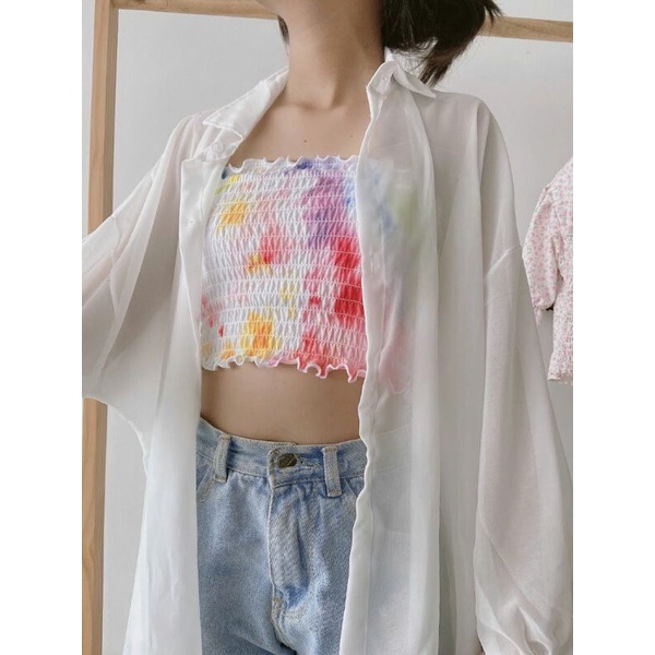 Áo ống croptop viền bèo Nhún Thân in màu loang đa sắc đơn sắc - Mã:484 TV - Fashion