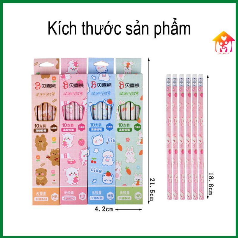 Hộp 10 Bút Chì Gỗ HB Kèm Tẩy In Hình Họa Tiết Hoạt Hình Siêu Đẹp-Bút Chì HB An Toàn Cho Bé