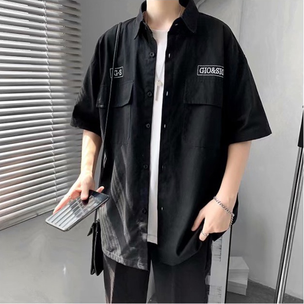 Áo Sơ Mi Tay Ngắn Unisex Thêu GS Phong Cách Hàn Quốc Cho Nam Vải Kaki Đẹp