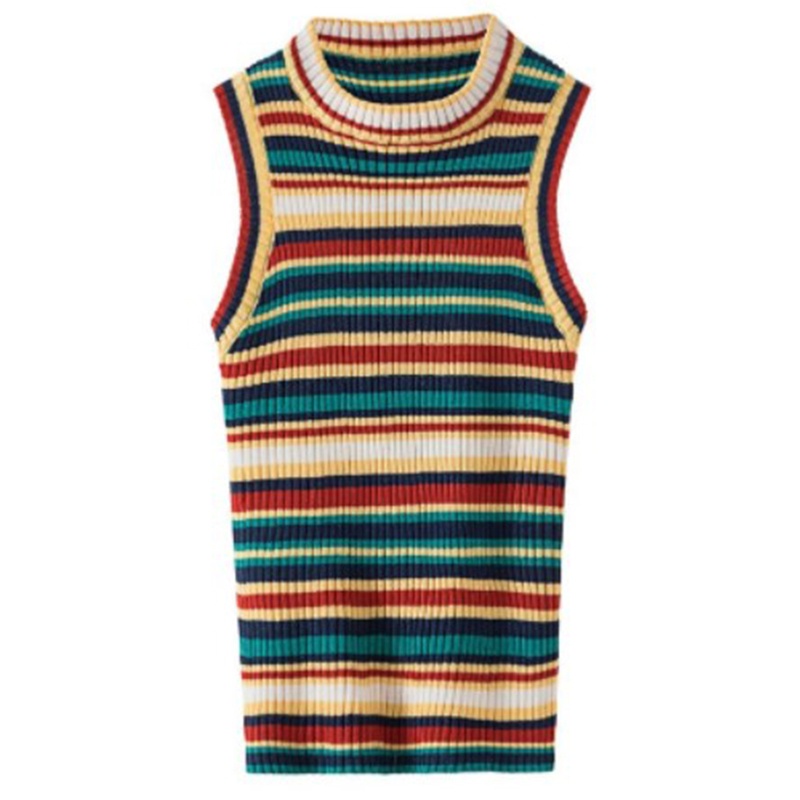 Áo Croptop Dệt Kim Sát Nách Cổ Tròn Họa Tiết Kẻ Sọc Màu Cầu Vồng Thời Trang Cho Nữ