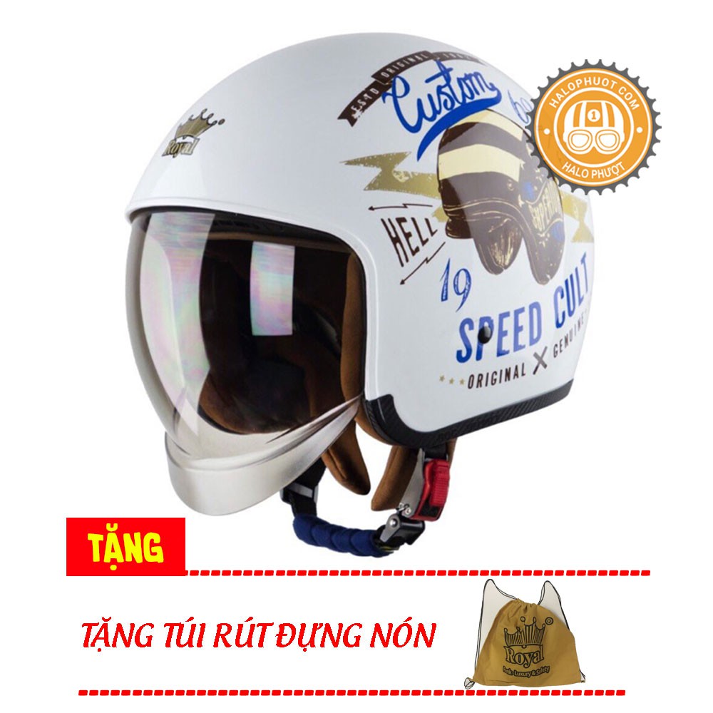 Nón bảo hiểm 3/4 kính âm Royal M139 Trắng tem V9 (tặng balo rút)
