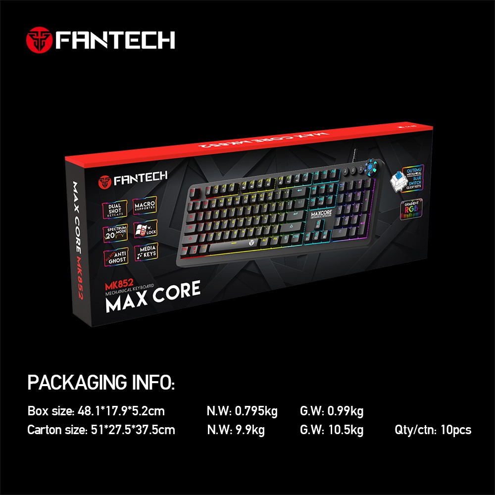 Bàn phím cơ gaming FANTECH MK852 MAXCORE, Màu đen trắng, Switch blue brown - Hãng phân phối chính thức