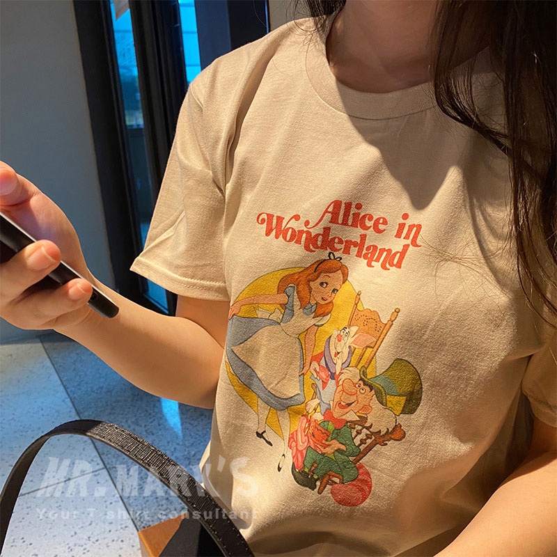 Áo thun XINLANYASHE tay ngắn dáng rộng in hoạt hình kiểu Hồng Kông retro dễ thương cho nữ