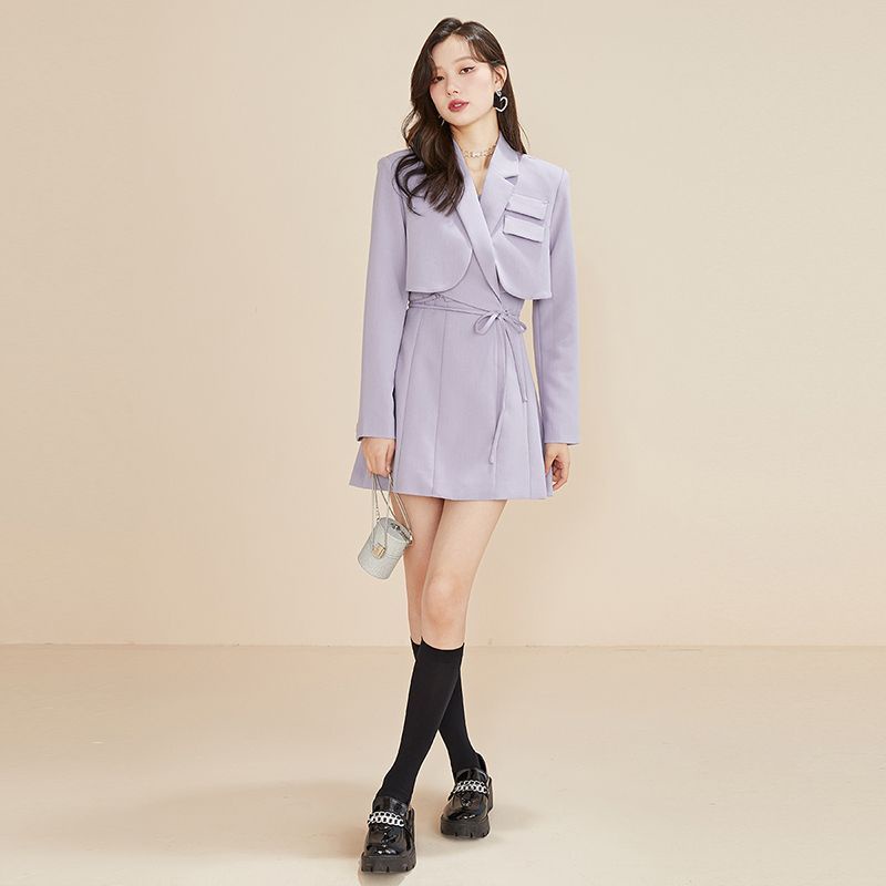 SẴN S M  Set Vest Croptop Váy Liền Tím Pastel