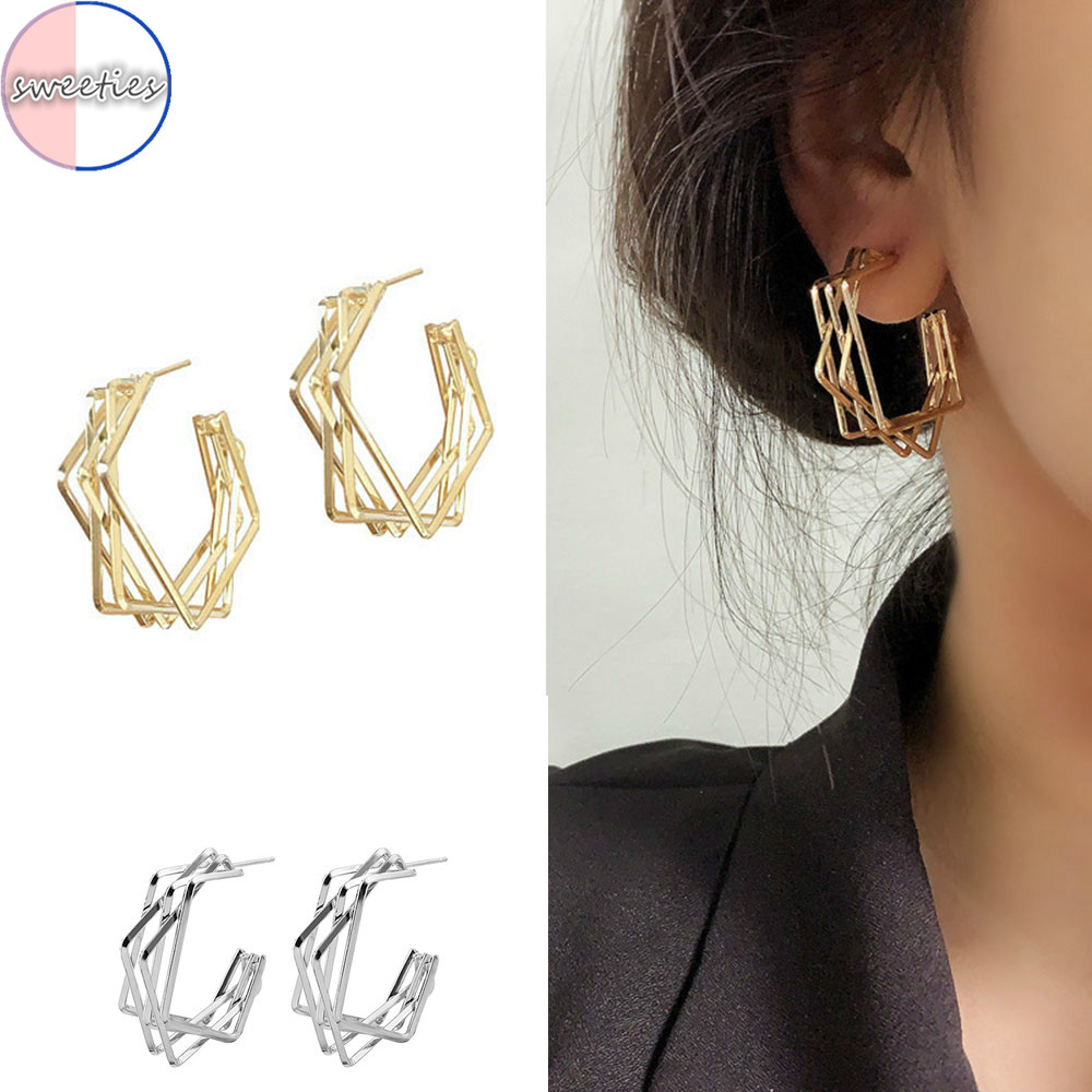 Khuyên tai màu vàng kim/bạc họa tiết hình học cho nữ