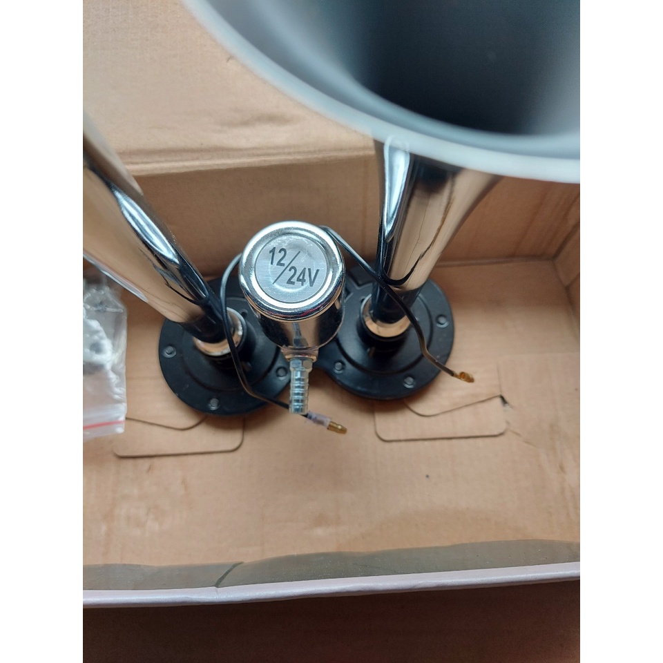Còi hơi hai loa inox trắng mạ crom dùng cho xe có bình hơi