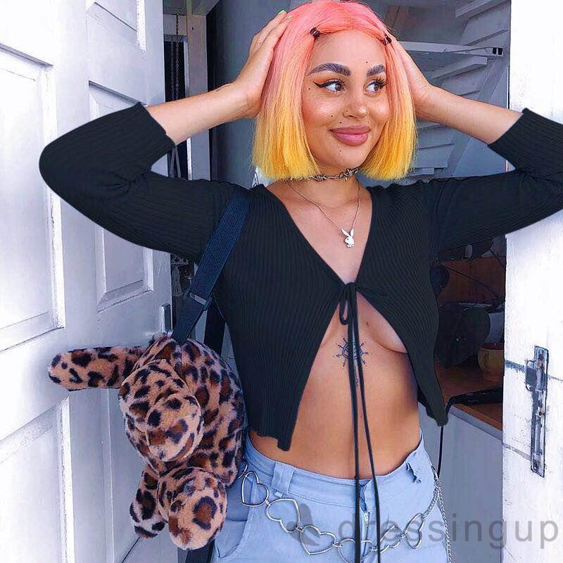 [Mã FAMAYWA giảm 10K đơn 50K] Áo dệt kim tay dài quyến rũ cổ chữ V màu trơn cho nữ | BigBuy360 - bigbuy360.vn