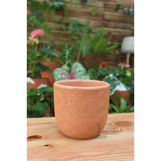 Chậu gốm đất nung kiểu TRỨNG VÂN HOA CÚC size 14cm  - Màu gốm đỏ , chậu trồng cây, gốm sứ sân vườn Bình Dư