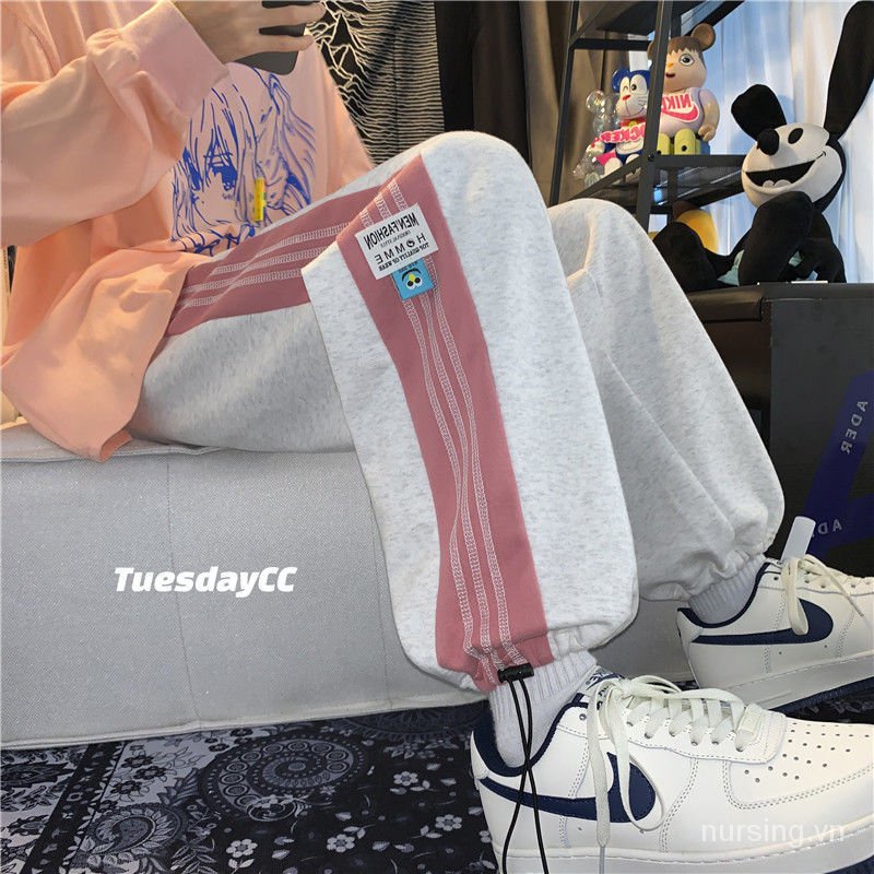 Quần nỉ lười thể thao vải cotton mỏng thon ống rộng kẻ sọc bo chun mắt cá phong cách Hồng Kông mùa thu cho nữ