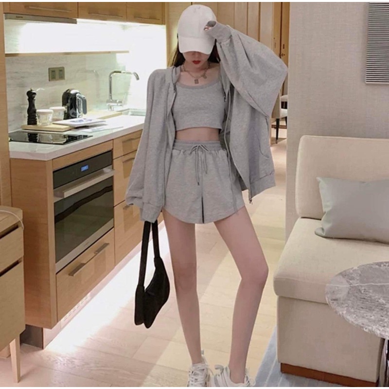 Set Thể Thao 3 Món Hoodie Áo 2 dây Nữ Quần sooc 🌸 Set áo jacket thun ôm Ulzzang 🌸