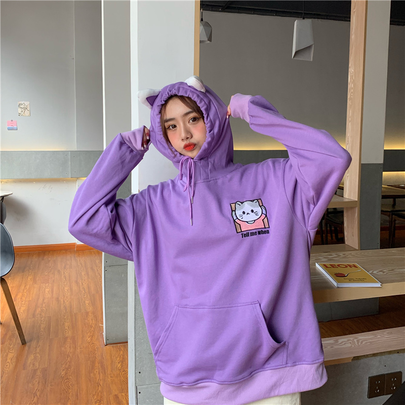 Áo Hoodie Tay Dài Đính Tai Mèo Dễ Thương Cho Học Sinh