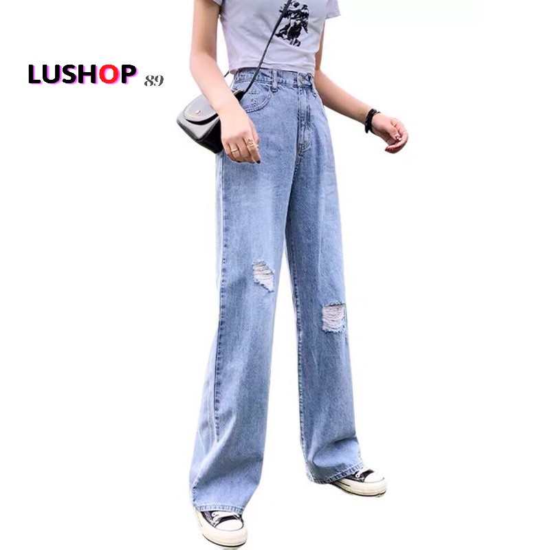 Quần jean bò ống rộng màu Xanh nhạt Rách Gối quần jean bò ống suông jeans nữ cạp cao hot 2021 QT33 | BigBuy360 - bigbuy360.vn