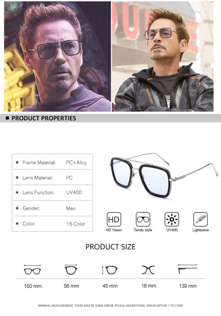❌BUSTORE❌MẮT Kính râm IRON MAN EDITH cao cấp kính mát vuông gọng kim loại Avenger cho NAM