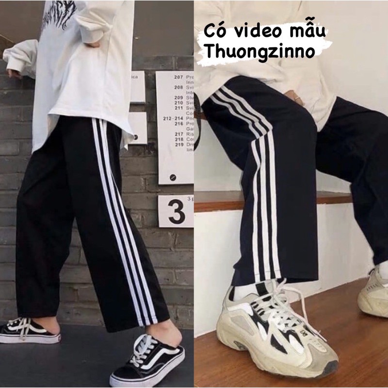 Quần Unisex 3 sọc dáng rộng Quần ống rộng cạp cao