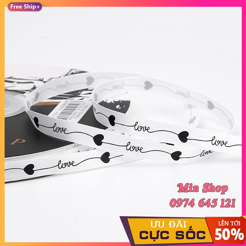 [ Sỉ cuộn 80 mét ] Ruy băng lụa bản rộng 1cm in chữ Love &amp; ❤️Tim❤️ [Full 10 màu]
