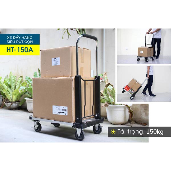 Xe đẩy hàng 4 bánh 150kg siêu rút gọn nhập khẩu Advindeq HT-150A, bánh xe chống ồn chốt hãm,xe kéo hàng đa năng mini