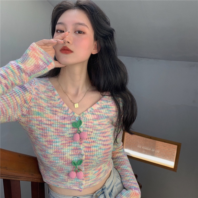 【ZHELIHANGFEI】 / Áo Khoác Cardigan Dệt Kim Dáng Ngắn Hở Rốn Màu Hồng Nhẹ Nhàng Thời Trang Xuân Thu Cho Nữ