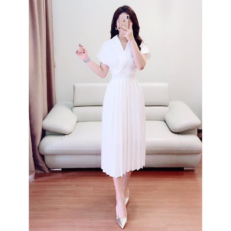 [ xả kho ] MiD Đầm trắng chân xếp ly V1266 cao cấp Mie Design kèm ảnh thật