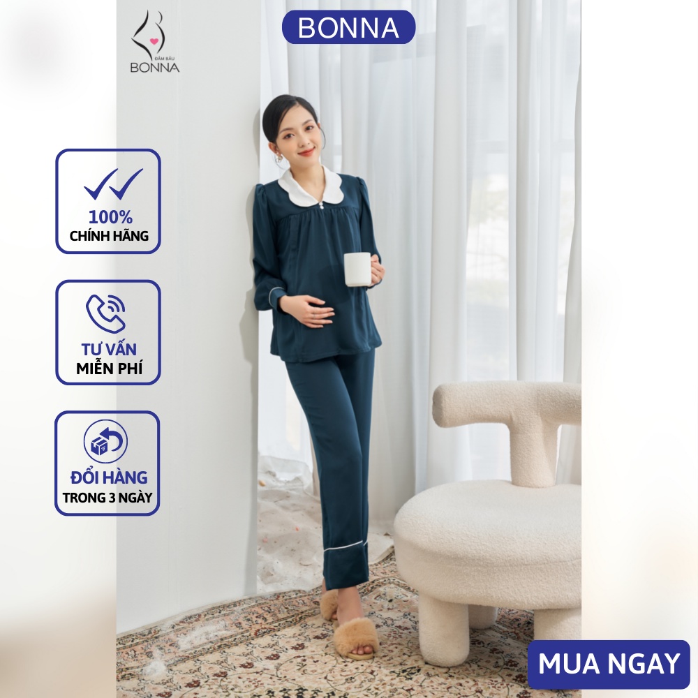Đồ bầu mặc nhà và sau sinh BONNA chất liệu lụa cao cấp, có khóa mở cho bé tuti, cạp quần có chun cúc điều chỉnh B038
