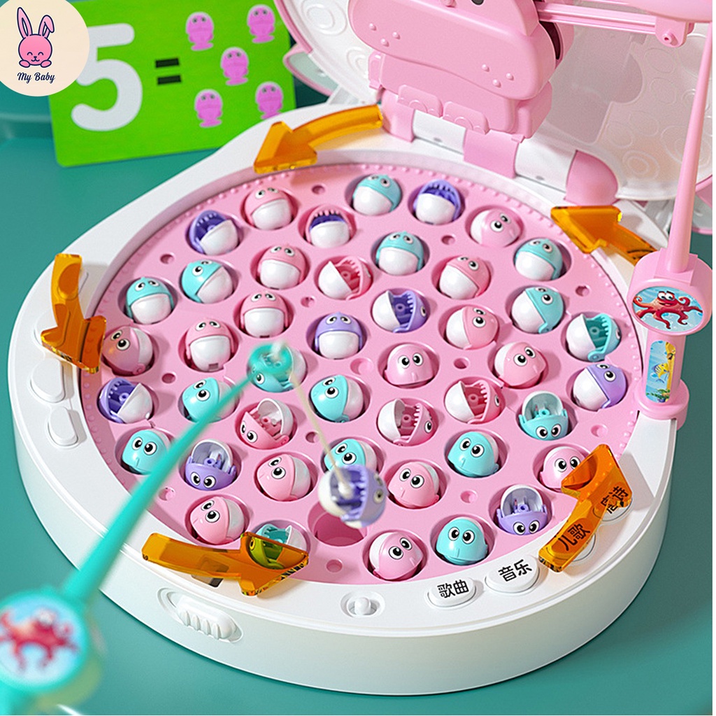 Câu cá điện cho bé 45 con cá, đi kèm 2 cần câu nam châm, 1 cân và bộ phép tính, Tặng kèm 3 pin AA, Mybaby