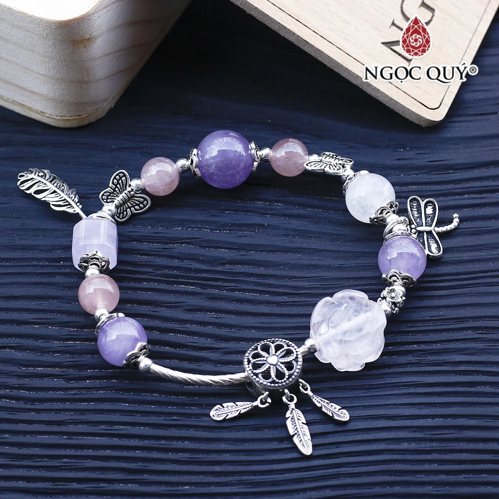 Vòng TA hồng phối TA tím ngọc charm bạc - Ngọc Quý