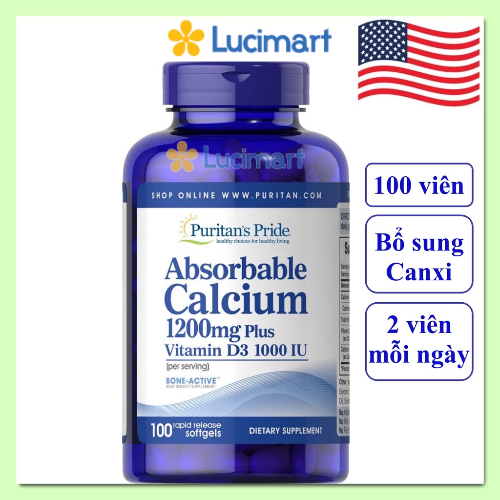 Viên uống bổ sung Canxi Vitamin D3 Absorbable Calcium 1200mg Puritan’s Pride hũ 100 viên [Hàng Mỹ hạn dùng 2025]