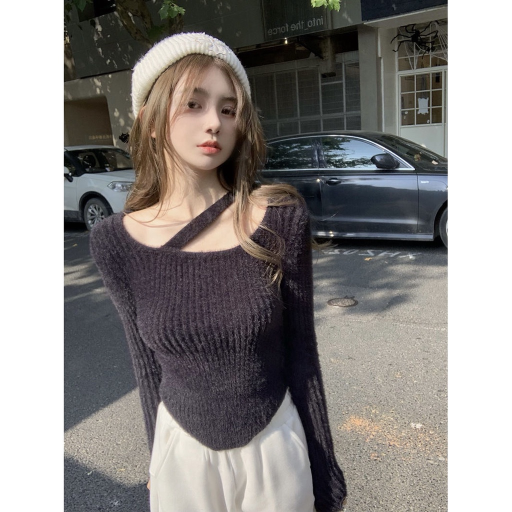 Áo sweater dệt kim ngắn tay dài thiết kế đơn giản thời trang thu đông