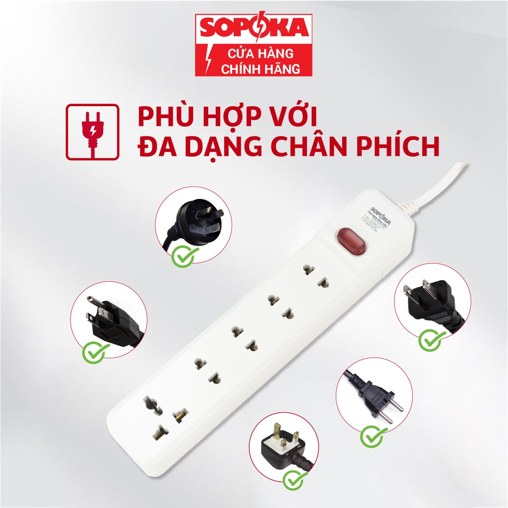 Ổ cắm điện liền dây chịu tải 1200W SOPOKA 3M16M1 công tắc an toàn