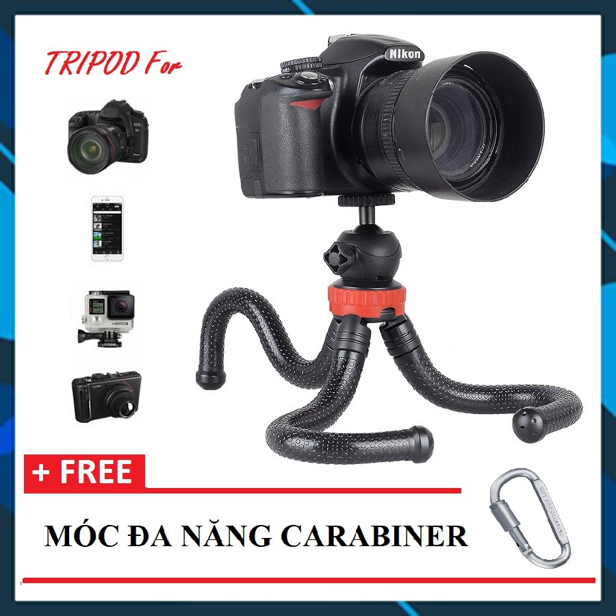 Chân máy ảnh Tripod UỐN DẺO MZ-305 + Gá kẹp điện thoại 002 + MÓC ĐA NĂNG CARABINER